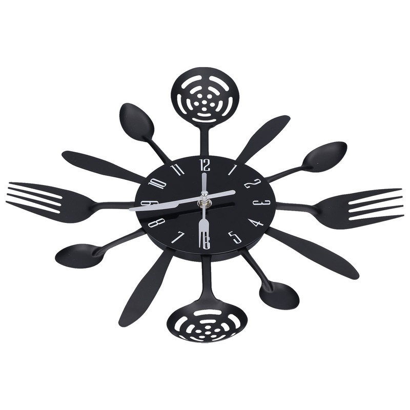 Black Kitchen Wall Clock Removable Modern Cutlery Kitchen Spoon Fork