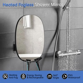 COSMIRROR Heated Shower Mirror Fogless for Shaving, Fog Free Shaving Mirror with 2 Razor Holders, Rechargeable No Fog Mirror for Shower, 360° Adhesive Mounted Steam Free Shower Mirror Without Light