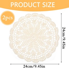 Tyqour 2 Pcs Beige Crochet Doilies for Tables 9.45 Inch Round Handmade Lace Placemats Vintage Furniture Doilies Knitted Tablecloth Corrugated Edge for Kitchen Dining Room Wedding Party Decor