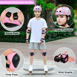 Kids Helmet, Bike Helmets for Kids 8-14 with Knee Pads and Elbow Pads Wrist Guards, Adjustable Youth Girls Bike Helmet with DIY Cat Ears Skateboard Helmet for Scooter Skating Cycling