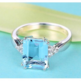 925 Sterling Silver Plated Blue Topaz Moissanite Promise Ring for Women Birthstone Emerald Cut CZ Diamond Cocktail Ring Eternity Engagement Wedding Band for Women's Size 10#