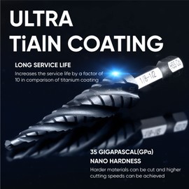 AugTouf Four Spiral Flute Cobalt Step Drill Bit(Pro Max), 1/8"-1/2" Impact Ready Four Spiral Flute Unibit Step Bit, 1/4" Hex Shank Unibit for Metal, Stainless Steel, Aluminum, Wood, Plastic