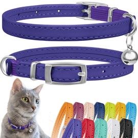 CollarDirect Leather Cat Collar with Bell - Kitten Collar, Small and Big Cat Collar for Boy Cats, Girl Cats with Safety Elastic Strap (Neck Fit 6"-7", Purple)