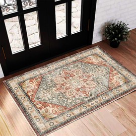 CHAMPLANT 2'x3' Red Khaki Area Rug Washable Door Mat Vintage Distressed Doormat Indoor Entrance Traditional Thin Floral Print Non Slip Carpet for Kitchen Bathroom Bedroom Living Room