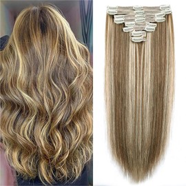 Pobokix Straight Clip In Hair Extensions Real Human Hair 8Pcs Clip In Balayage Chestnut Brown Highlight Blonde Human Hair Extensions with 18Clips Lace Weft 120g 18inch