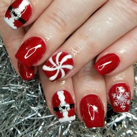Vopintpy Winter Christmas Press on Nails - Swirl Snowflake Design, Red & White Glossy Acrylic Xmas Nails, Short Square Stick on for Women - DIY Christmas Manicure