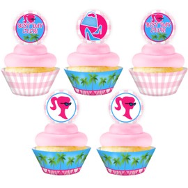 Pink Gingham Glamour Girl Best Day Ever Cupcake Kit - 48 Pieces - 24 Cupcake Toppers and 24 Wrappers - Glamour Girl Cupcake Toppers - Glamour Girl Party Supplies - Best Day Ever Party Decorations
