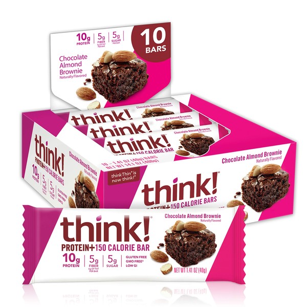 think! Protein Bars with Chicory Root for Fiber, Digestive Support, Gluten Free with Whey Protein Isolate, Chocolate Almond Brownie, Snack Bars without Artificial Sweeteners, 1.4 Oz (10 Count)