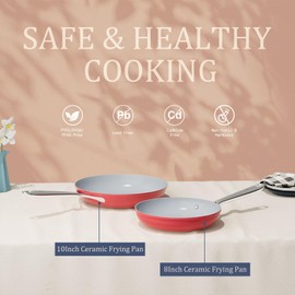 CookinCraze Nonstick Ceramic Frying Pan 10 Inch for Induction Cooktops - Non Toxic, PTFE/PFOA/PFAS Free, Oven & Dishwasher Safe up to 500°F - Mini Skillet with Stay-Cool Handle - Fusion Red