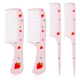 4Pcs Baby Comb Plastic Hair Brush Set for Girls Baby Hairbrush Cute Hair Comb for Girls, Toddler Comb Setwide Tooth Rat Tail Hair Styling Brushes Portable Pink Comb Strawberry Fruit Small