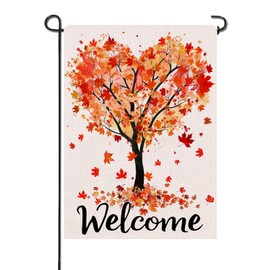 Artofy Welcome Fall Love Heart Tree Small Decorative Garden Flag, Autumn Maple Leaves Yard Lawn Outside Decor, Seasonal Burlap Outdoor Home Decoration Double Sided 12 x 18