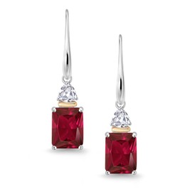 Gem Stone King 925 Silver and 10K Yellow Gold Red Created Ruby and White Created Sapphire Dangle Earrings For Women (6.24 Cttw, Emerald Cut Cut 9X7MM, Trillion 4MM)