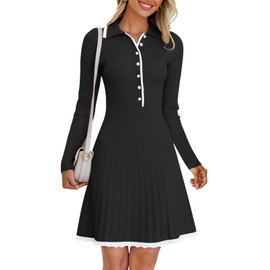 MEROKEETY Women's Long Sleeve V Neck Sweater Dress 2025 Fall Button Knit Pleated Mini Work Dresses, Black, X-Large