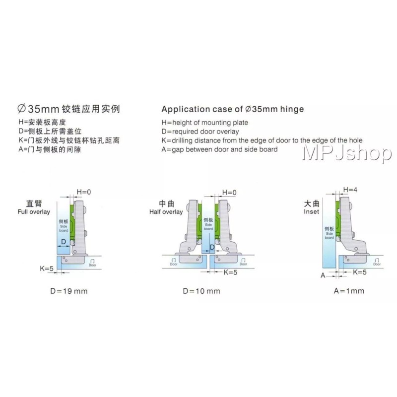 MPJ Soft Close Hydraulic Cabinet Hinges Full Half Inset Overlay