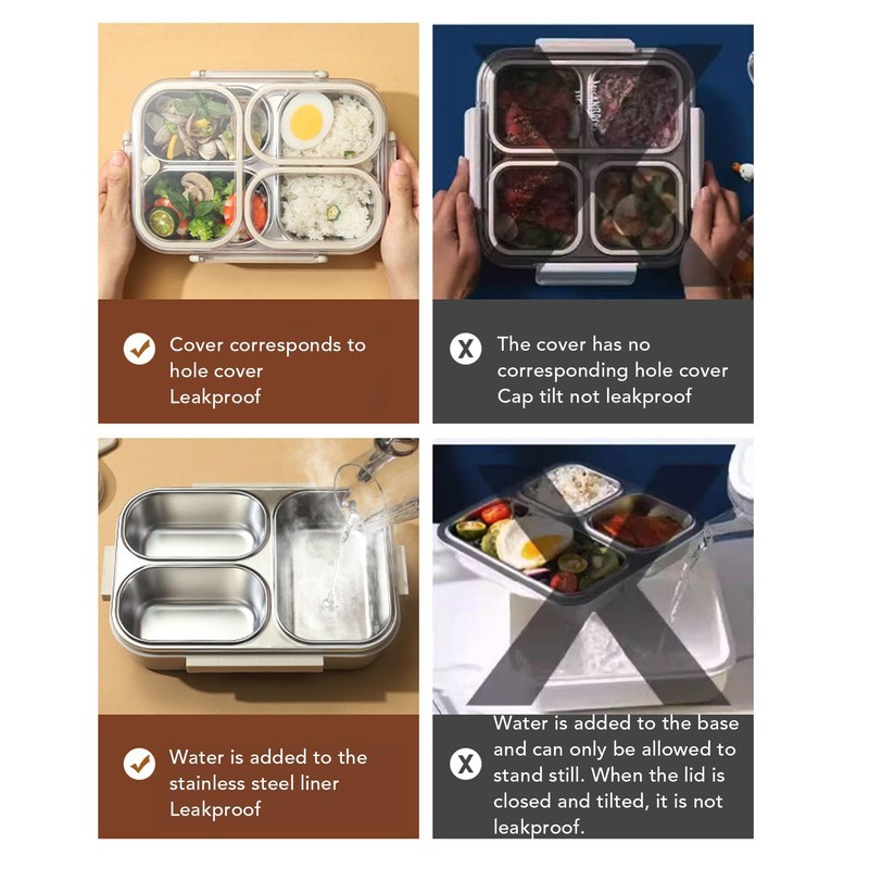 Lunch Box, 1.2L Khaki Stainless Steel Lunch Container 3 Compartments