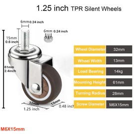 MyyYiTar 1.25" Swivel Stem Threaded Casters, TPR Mute Caster Wheel M6 ×15mm Stem Threaded Mini Casters with 2 Brakes -Brown