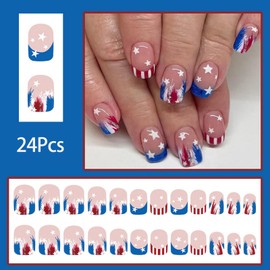 24Pcs 4th of July Press on Nails Independence Day Fake Nails French Tip False Nails with Star Stripes Design 4th of July Nails 2025 Designs Acrylic Nails Press ons Artificial Glue on Nails for Women
