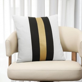 Faux Leather and Cotton Throw Pillow Covers 18x18 Inch Set of 2 Black and White Decorative Pillow Covers with Gold Stripe Patchwork Modern Farmhouse Accent Square Cushion Covers for Couch Sofa Bed