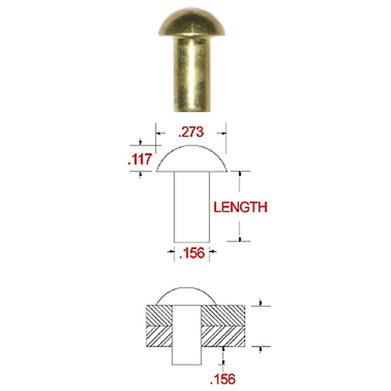 5/32" X 5/8" Solid Brass Round Head Rivet, .279 Head