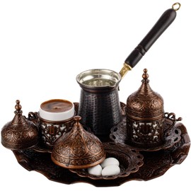 DEMMEX Turkish Greek Arabic Coffee Making and Serving Full Set with Cups, Saucers, Lids, Sugar Bowl, Tray and Antiqued Copper Coffee Pot, 12 Pcs (Chocolate)