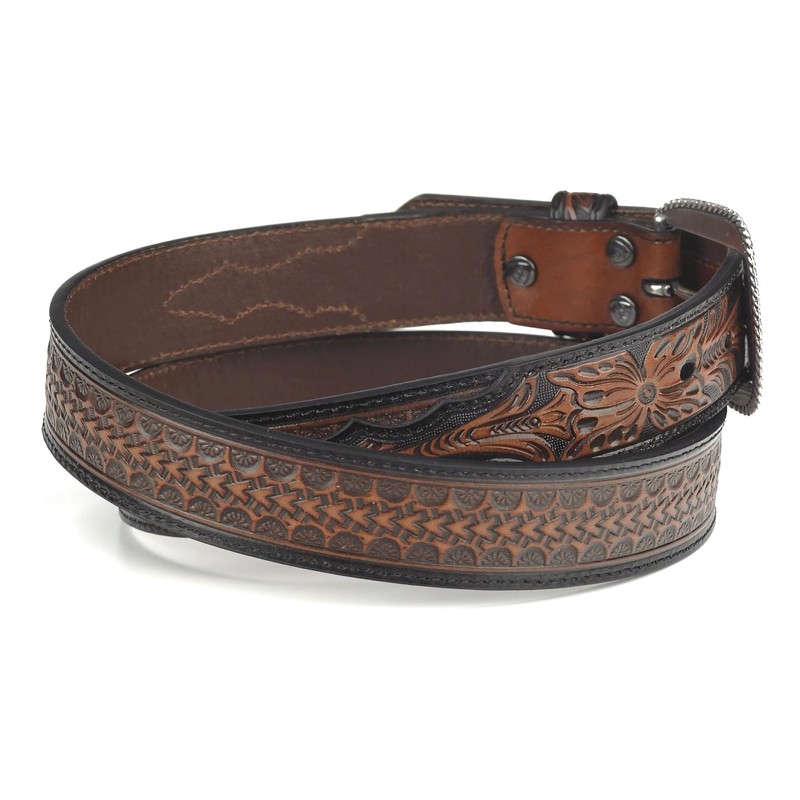ARIAT Men's Arrow Tooled Floral Billit Belt, Black/Tan, 34