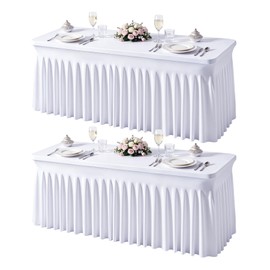 Little Funny 2 Pack White Spandex Tablecloth for 6 Foot Rectangle Tables, Wrinkle Free Spandex Table Covers 6ft, Stretch Table Cloth with Ruffle Skirt for Wedding, Birthday, Banquet Party Decoration