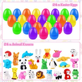 Easter Eraser, 24 Pcs Easter Eggs Prefilled with 24 Animal Erasers for Easter Eggs Hunt Party Favors Classroom Prize Supplies, 6 Colors
