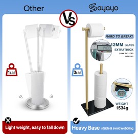 Sayayo Free Standing Toilet Paper Holder Stand Gold & Black 28 Inch, Brass Bathroom Floor Toilet Paper Roll Holder Storage with Reserve SUS304 Stainless Steel, Tempered Glass Base