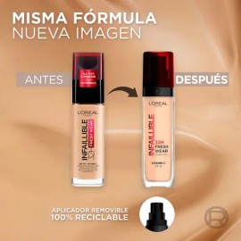 Base de Maquillaje Líquida L'Oréal Paris Infallible 32H Freshwear, Larga Duración y Alta Cobertura con Acabado Luminoso, Fórmula con Vitamina C y FPS 