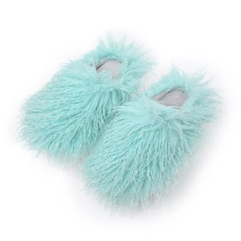 Unisex Fuzzy Faux Fur Slippers, Women's Fluffy Long Hair Sheep Faux Fur Slip on Slides, Girls Luxury Big Fluffy Outdoor Flat Slippers, Long Curly Hair Non-Slip Warm Home Slide Shoes(Green,4.5-5)
