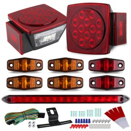 Traberm LED Trailer Tail Light Kit, 2Pcs Square LED Stop Turn Tail Brake Lights, 2.53" Mini Oval Markers Clearance(2Red+4Amber), 13.7" Inch Led Trailer Tail 3RD Brake Light Bar w/25ft Wiring Harness