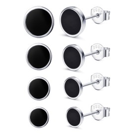 JeweBella 4 Pairs Black Stud Earrings for Men Women 925 Sterling Silver Black Earrings Set Hypoallergenic Classic Round Black Earrings Men Piercings Cartilage Silver Stud Earrings 6/8/10/12 mm,