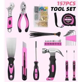 DIFFLIFE 157 Piece Pink Tool Set, Lady's Home Repairing Tool Kit with 13-Inch Wide Mouth Open Storage Tool Bag