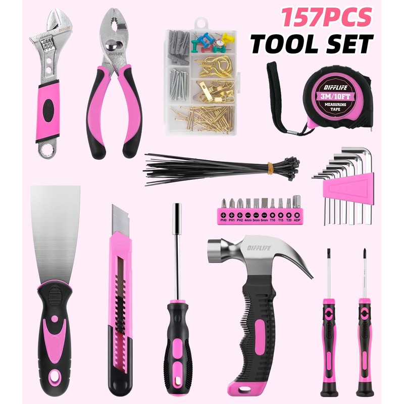 DIFFLIFE 157 Piece Pink Tool Set, Lady's Home Repairing Tool
