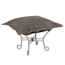 Howard Elliott Scroll Puff Ottoman Chair With Cover, Multipurpose Alternate Seating Footstool Footrest Chair with Titanium Frame, Patio Furniture for Camping, Home, Indoor & Outdoor, Bella Pewter
