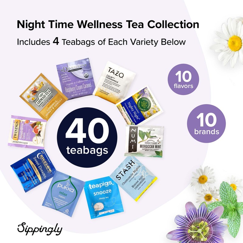Sippingly Night Time Tea Sampler – 40 Herbal Teas –
