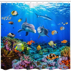 JOOCAR Ocean Dolphin Shower Curtain Underwater World 3D Digital Painting Pattern Bath Curtain Waterproof Shower Curtains Bathroom Decor 72x72 Inch, Bright Blue