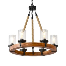 6 Light Wagon Wheel Chandelier,Round Wood Pendant Light with Seeded Glass Shade Rustic Farmhouse Pendant for Dining Room Kitchen and Entryway