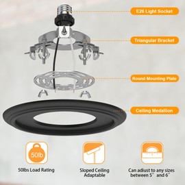 YIIZON 5 and 6 inch Recessed Can Light Conversion Kit, for Ceiling Light Fixture, Pendant Light, Hanging Light, Ceiling Fan, with 7’¾ Beveled & Flat, Steel, Medallion, Black Finish