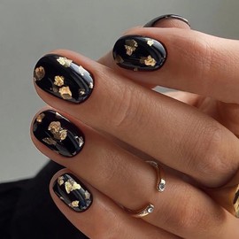 MISUD Press on Nails Short Square Fake Nails Glossy Glue on Nails Black Acrylic Nail Supplies Squoval Artificial Nail Art Bling Gold Glitter Stick on False Nails with Design DIY 24 pcs