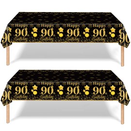 2Pcs Black Gold Happy 90th Birthday Party Table Cloth,137*274cm Plastic 90th Birthday Table Decorations for Men Women Birthday Table Cloth Disposable Tablecover for 90th Him,Her Birthday Gifts Party