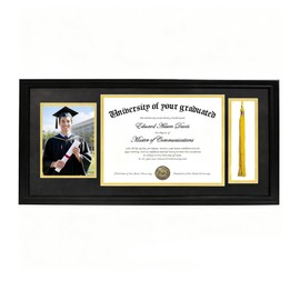 Diploma Frame with Tassel Holder, Fits 8.5x11 Inch Graduation Certificates and 5x7 Inch Photo, 11X22 Inch Black Degree Picture Frame With Gold and Black Mat