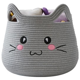 OMERAI Animal Baskets Cotton Rope Storage Basket Woven Toy Basket Large Basket for Blankets Cute Cat Basket with Handles Animal Laundry Basket Nursery Basket Organizer, 15"D x 12.6"H, Open Eyes