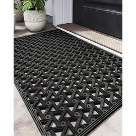 DEXI Front Door Mat Outside Entrance Rubber 19x30, Welcome Floor Doormat Heavy Duty Non Slip, Dirt Trapper Waterproof Exterior Entry Mats All Weather for Patio Entryway Drainage, Black