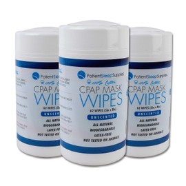 Patient Sleep Supplies CPAP Mask Wipes - 3 Packs of 62 Wipes (186 All Natural-Biodegradable 5" x 8" Wipes)