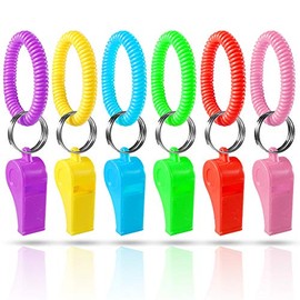PRLOSO - 24 pulseras de silbato con llavero para niños, regalos de fiesta de plástico, juguetes de silbato a granel