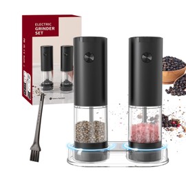 Electric Salt and Pepper Grinder Set, Automatic Salt Pepper Mill Grinder with Adjustable Coarseness, 95ml Large Capacity, LED Light & Easy Refill, Battery Operated Spice Grinders for Kitchen (Black)