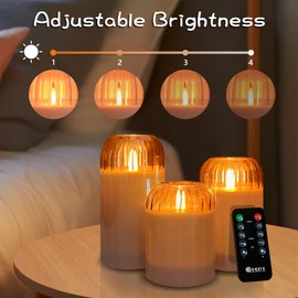 LEDHOLYT Rechargeable Flameless Candle, Flashing LED Pillar Real Wax Candle with Remote Control and Timer, Gray Pumpkin Glass Electronic Candles for Room Decoration, 1 Set of 3