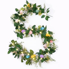 Guirnalda de Pascua de 6 pies para repisa de chimenea, guirnalda de huevos de Pascua con luces, decoraciones artificiales de primavera para interiores y exteriores, chimenea, fiesta