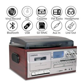 LoopTone Vinyl Record Player 9 in 1 3 Speed Bluetooth Vintage Turntable CD Cassette Player AM/FM Radio USB Recorder Aux-in RCA Line-Out (Silver)